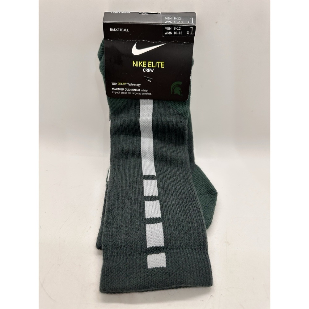 Nike Elite Crew Socks Michigan State Spartans Green White Size L Men 8-12 NWT‎